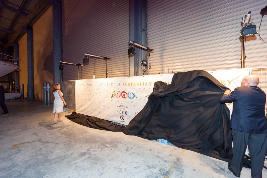 Long time Riviera owners Denise and Peter Haig unveiled the 6m by 2m commemorative banner © Stephen Milne